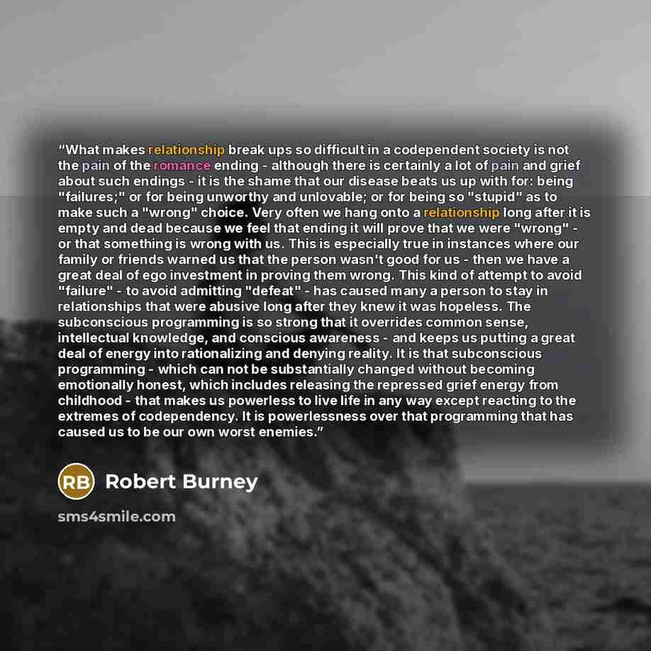 “What makes relationship break ups so difficult in a codependent society is not the pain of the romance ending - although there is certainly a lot of pain and grief about such endings - it is the shame that our disease beats us up with for: being "failures;" or for being unworthy and unlovable; or…” quote by Robert Burney