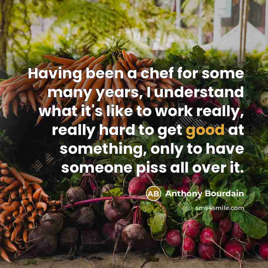 “Having been a chef for some many years, I understand what it's like to work really, really hard to get good at something, only to have someone piss all over it.” quote by Anthony Bourdain
