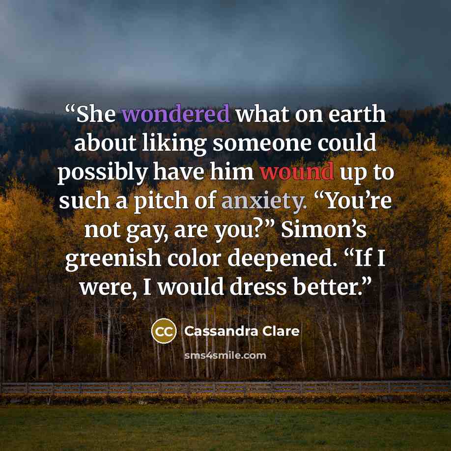 “She wondered what on earth about liking someone could possibly have him wound up to such a pitch of anxiety. “You’re not gay, are you?” Simon’s greenish color deepened. “If I were, I would dress better.” quote by Cassandra Clare