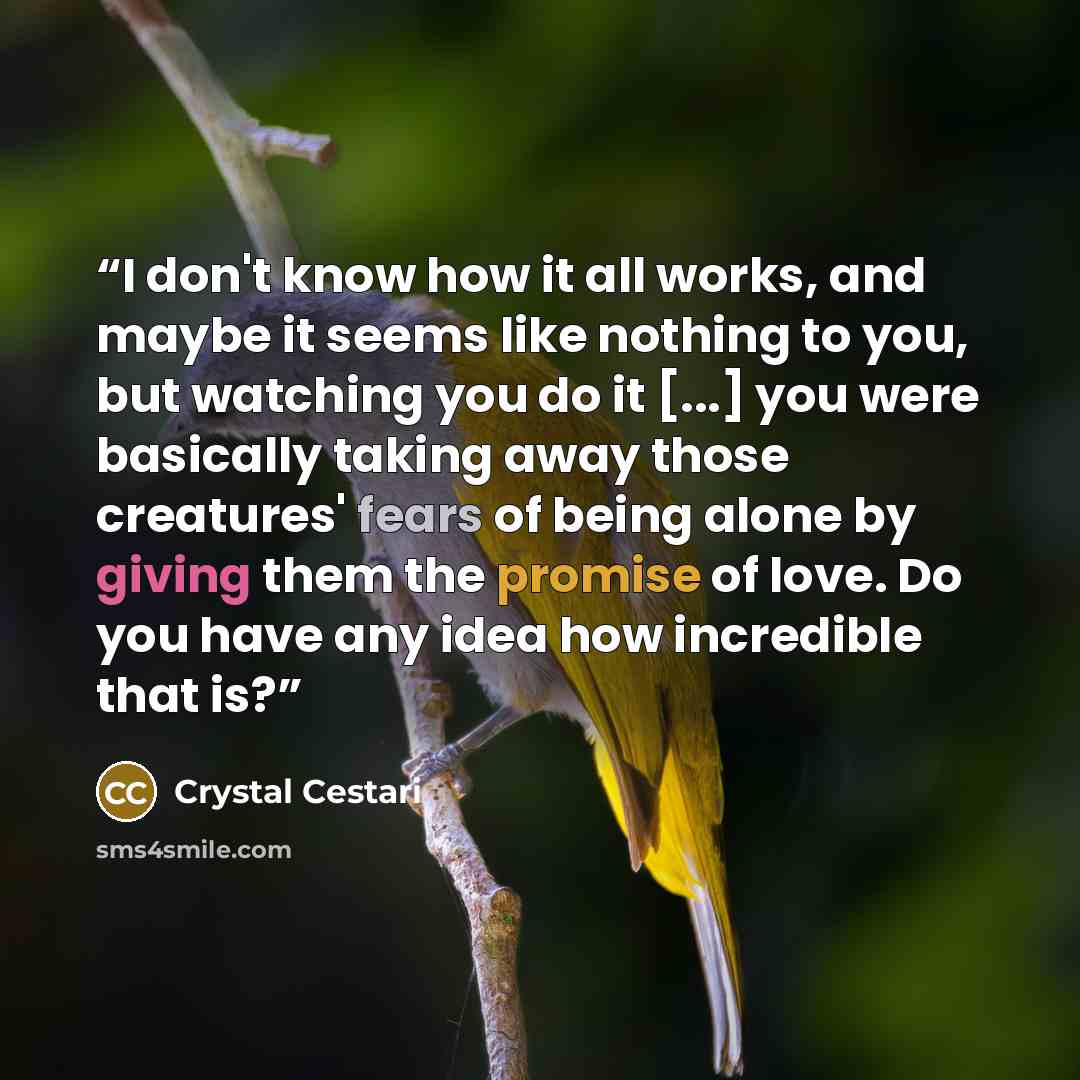 “I don't know how it all works, and maybe it seems like nothing to you, but watching you do it [...] you were basically taking away those creatures' fears of being alone by giving them the promise of love. Do you have any idea how incredible that is?” quote by Crystal Cestari
