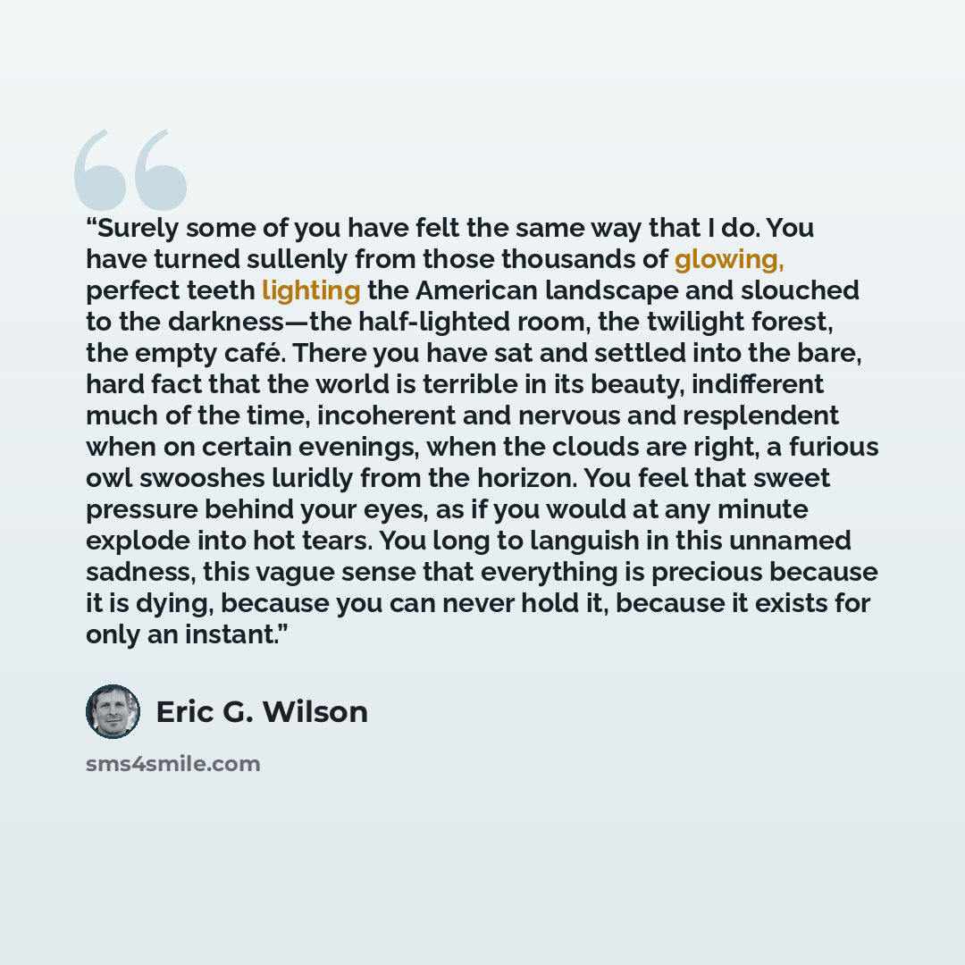“Surely some of you have felt the same way that I do. You have turned sullenly from those thousands of glowing, perfect teeth lighting the American landscape and slouched to the darkness—the half-lighted room, the twilight forest, the empty café. There you have sat and settled into the bare, hard…” quote by Eric G. Wilson