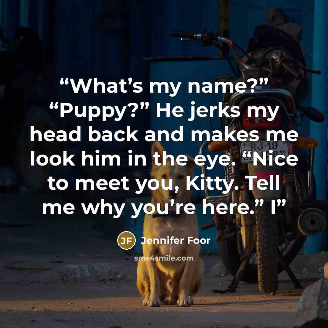“What’s my name?” “Puppy?” He jerks my head back and makes me look him in the eye. “Nice to meet you, Kitty. Tell me why you’re here.” I” quote by Jennifer Foor