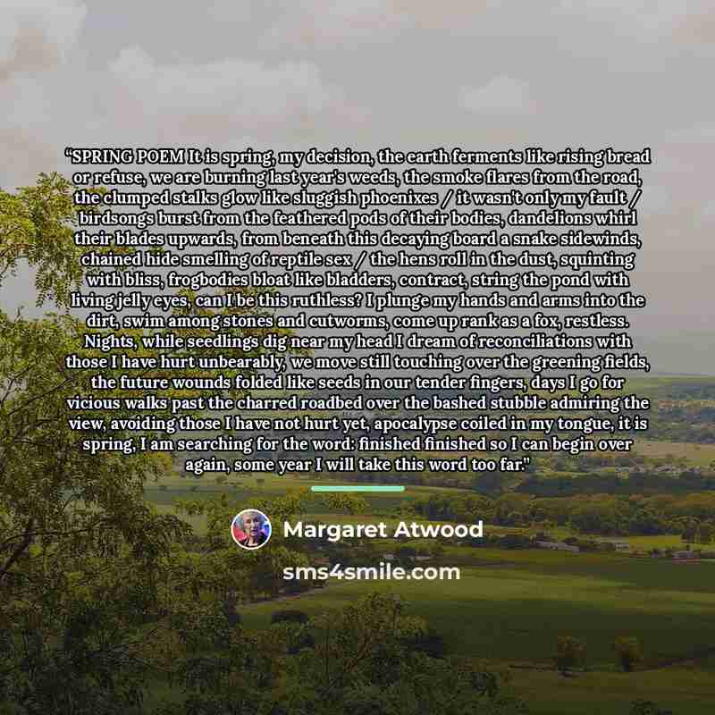 “SPRING POEM It is spring, my decision, the earth ferments like rising bread or refuse, we are burning last year's weeds, the smoke flares from the road, the clumped stalks glow like sluggish phoenixes / it wasn't only my fault / birdsongs burst from the feathered pods of their bodies, dandelions…” quote by Margaret Atwood