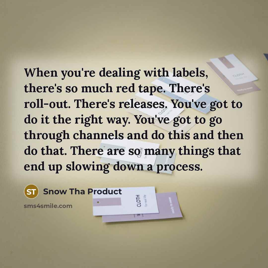 “When you're dealing with labels, there's so much red tape. There's roll-out. There's releases. You've got to do it the right way. You've got to go through channels and do this and then do that. There are so many things that end up slowing down a process.” quote by Snow Tha Product