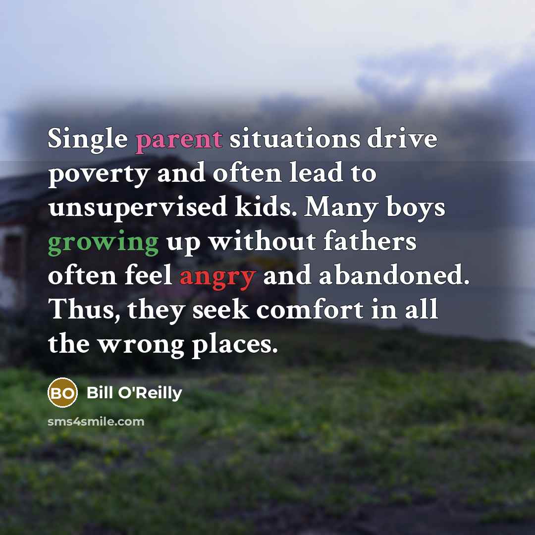 “Single parent situations drive poverty and often lead to unsupervised kids. Many boys growing up without fathers often feel angry and abandoned. Thus, they seek comfort in all the wrong places.” quote by Bill O'Reilly