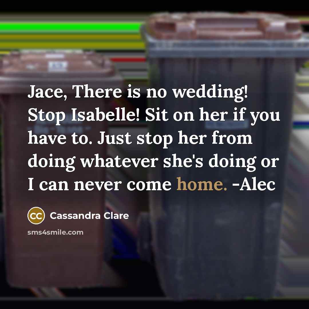 “Jace, There is no wedding! Stop Isabelle! Sit on her if you have to. Just stop her from doing whatever she's doing or I can never come home. -Alec” quote by Cassandra Clare