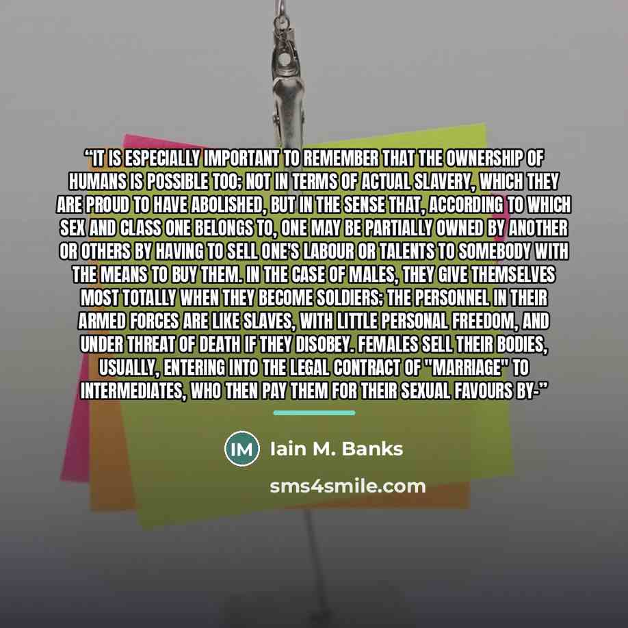 “It is especially important to remember that the ownership of humans is possible too; not in terms of actual slavery, which they are proud to have abolished, but in the sense that, according to which sex and class one belongs to, one may be partially owned by another or others by having to sell…” quote by Iain M. Banks