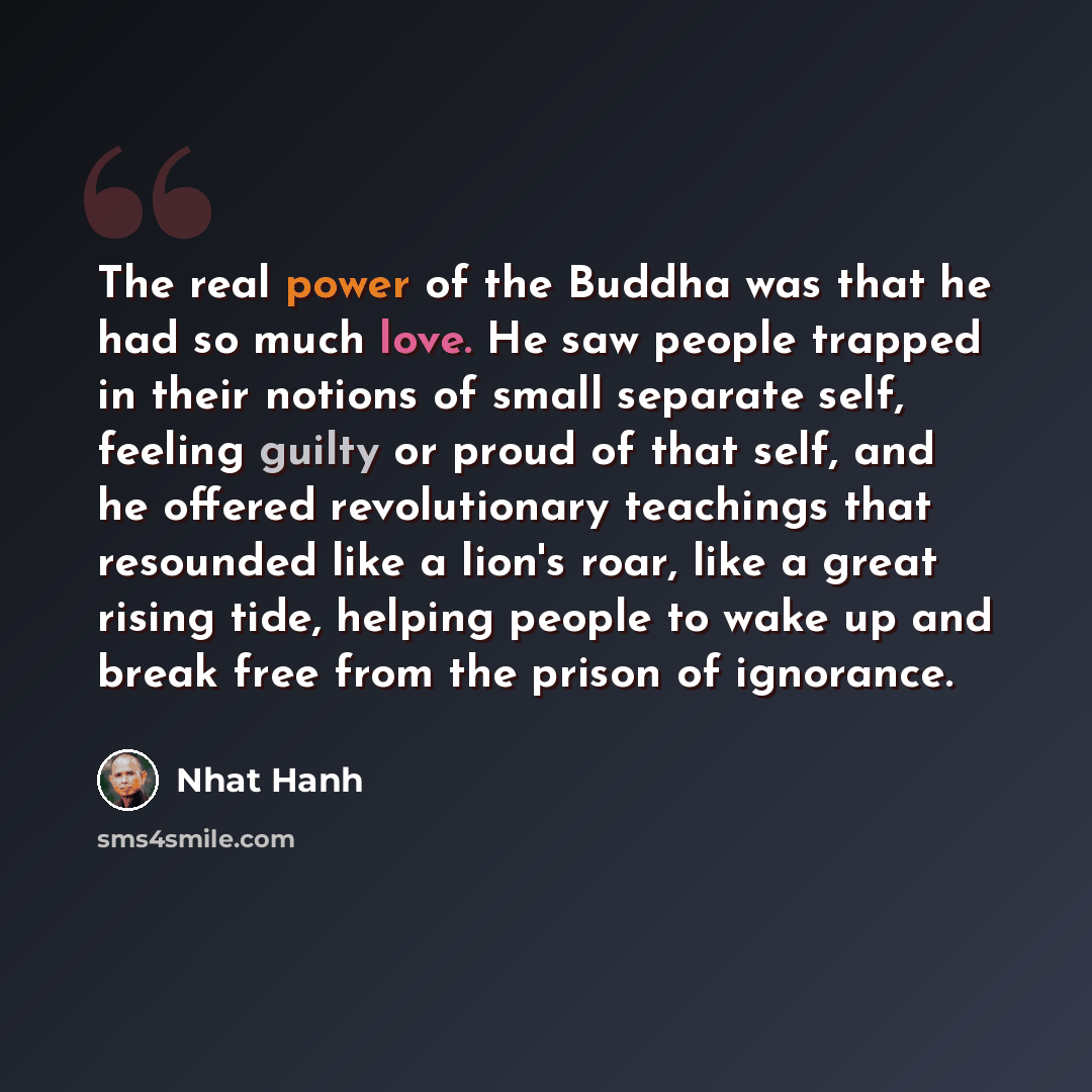 “The real power of the Buddha was that he had so much love. He saw people trapped in their notions of small separate self, feeling guilty or proud of that self, and he offered revolutionary teachings that resounded like a lion's roar, like a great rising tide, helping people to wake up and break…” quote by Nhat Hanh
