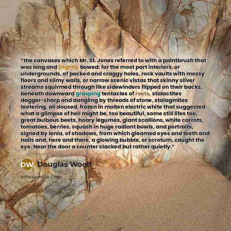 “the canvases which Mr. St. Jones referred to with a paintbrush that was long and slightly bowed: for the most part interiors, or undergrounds, of pocked and craggy holes, rock vaults with mossy floors and slimy walls, or narrow scenic vistas that skinny silver streams squirmed through like…” quote by Douglas Woolf
