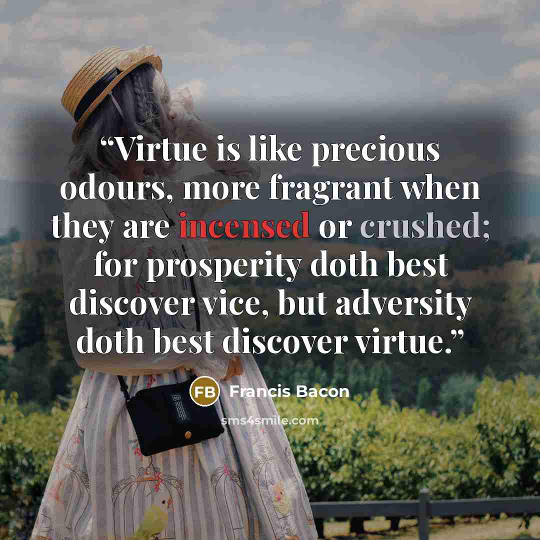 “Virtue is like precious odours, more fragrant when they are incensed or crushed; for prosperity doth best discover vice, but adversity doth best discover virtue.” quote by Francis Bacon