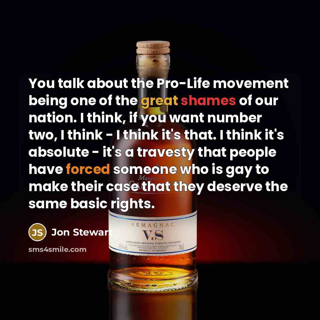 “You talk about the Pro-Life movement being one of the great shames of our nation. I think, if you want number two, I think - I think it's that. I think it's absolute - it's a travesty that people have forced someone who is gay to make their case that they deserve the same basic rights.” quote by Jon Stewart
