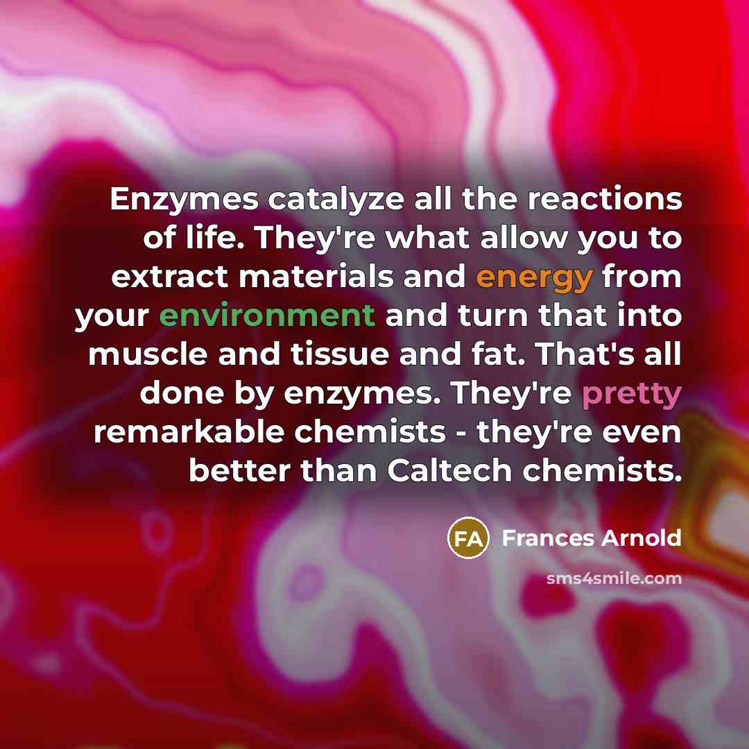 “Enzymes catalyze all the reactions of life. They're what allow you to extract materials and energy from your environment and turn that into muscle and tissue and fat. That's all done by enzymes. They're pretty remarkable chemists - they're even better than Caltech chemists.” quote by Frances Arnold