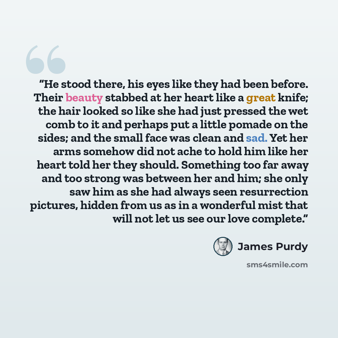 “He stood there, his eyes like they had been before. Their beauty stabbed at her heart like a great knife; the hair looked so like she had just pressed the wet comb to it and perhaps put a little pomade on the sides; and the small face was clean and sad. Yet her arms somehow did not ache to hold…” quote by James Purdy