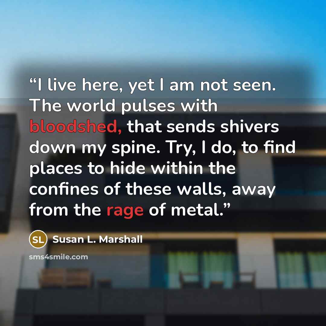 “I live here, yet I am not seen. The world pulses with bloodshed, that sends shivers down my spine. Try, I do, to find places to hide within the confines of these walls, away from the rage of metal.” quote by Susan L. Marshall