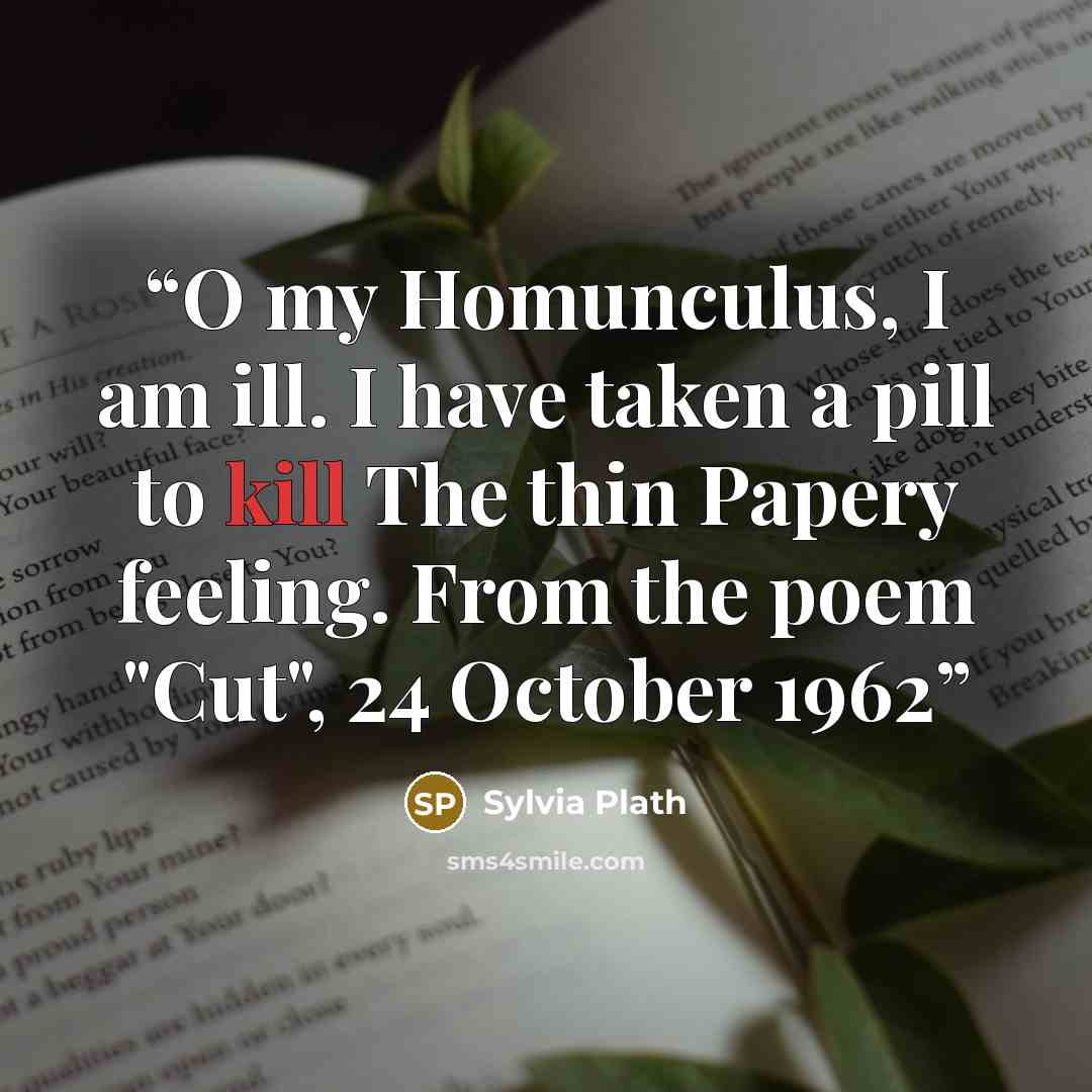 “O my Homunculus, I am ill. I have taken a pill to kill The thin Papery feeling. From the poem "Cut", 24 October 1962” quote by Sylvia Plath