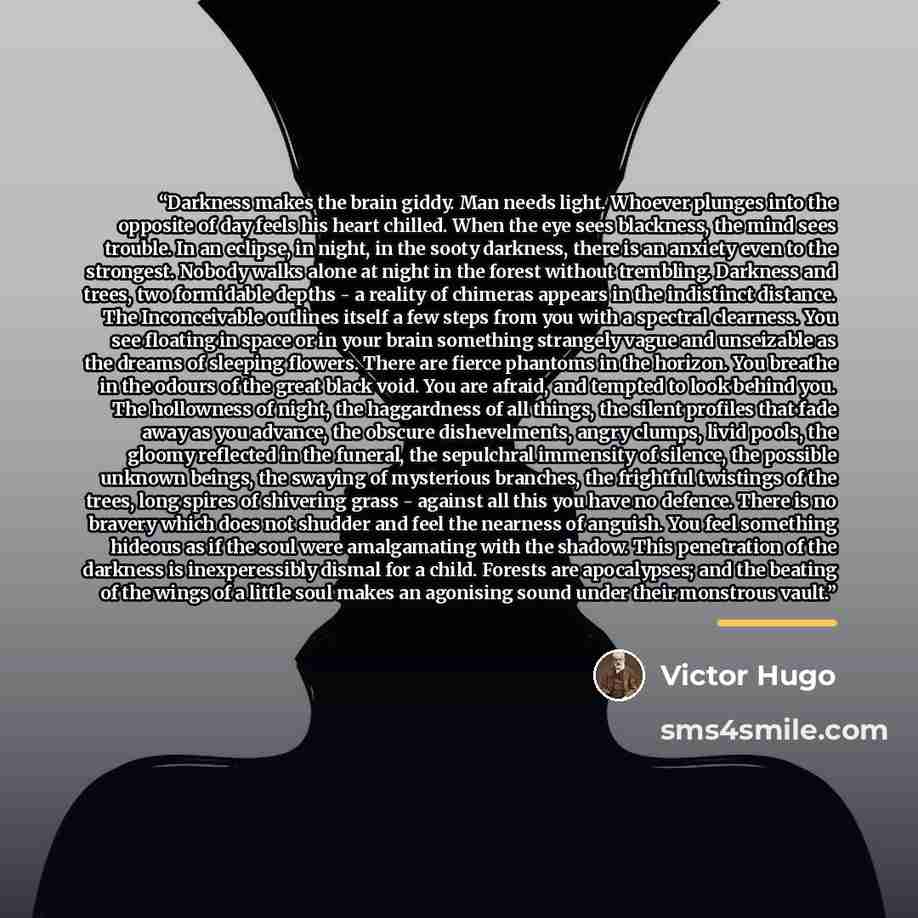 “Darkness makes the brain giddy. Man needs light. Whoever plunges into the opposite of day feels his heart chilled. When the eye sees blackness, the mind sees trouble. In an eclipse, in night, in the sooty darkness, there is an anxiety even to the strongest. Nobody walks alone at night in the…” quote by Victor Hugo