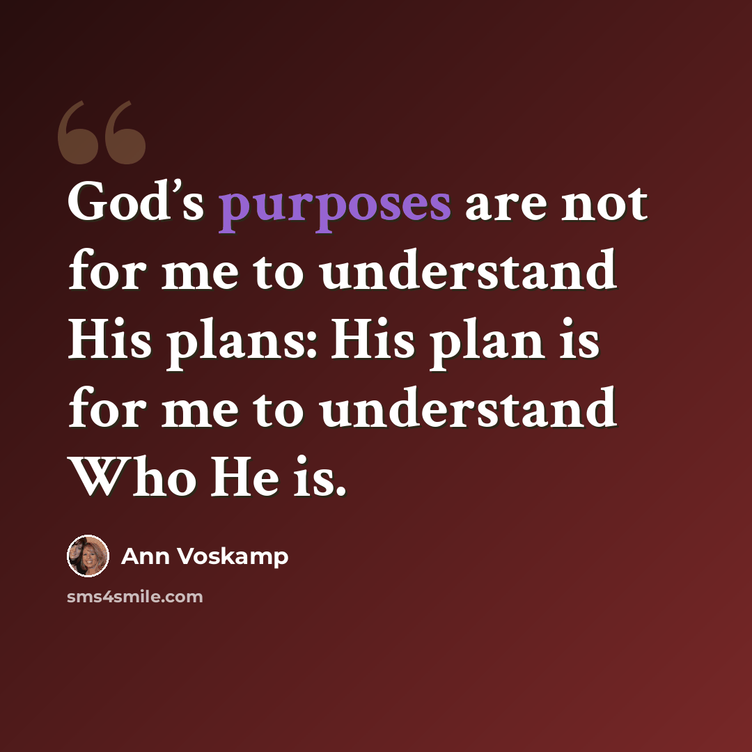 “God’s purposes are not for me to understand His plans: His plan is for me to understand Who He is.” quote by Ann Voskamp
