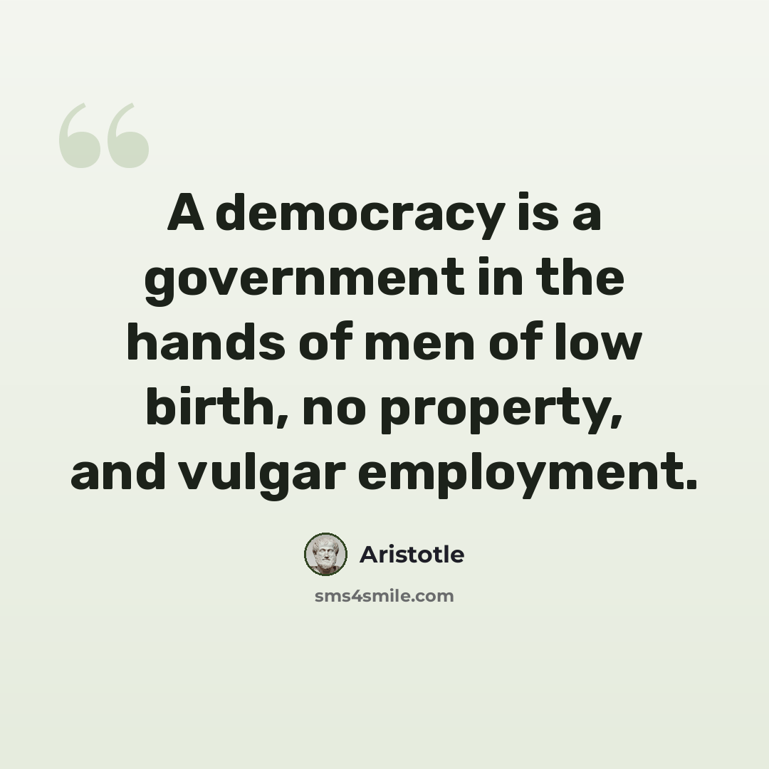 “A democracy is a government in the hands of men of low birth, no property, and vulgar employment.” quote by Aristotle