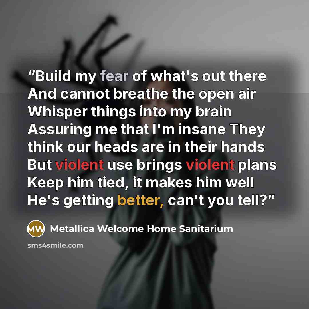 “Build my fear of what's out there And cannot breathe the open air Whisper things into my brain Assuring me that I'm insane They think our heads are in their hands But violent use brings violent plans Keep him tied, it makes him well He's getting better, can't you tell?” quote by Metallica Welcome Home Sanitarium