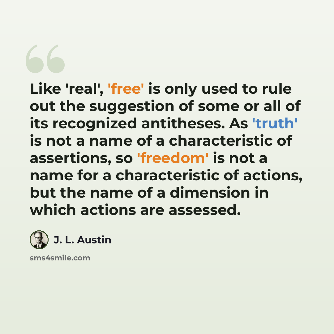 “Like 'real', 'free' is only used to rule out the suggestion of some or all of its recognized antitheses. As 'truth' is not a name of a characteristic of assertions, so 'freedom' is not a name for a characteristic of actions, but the name of a dimension in which actions are assessed.” quote by J. L. Austin