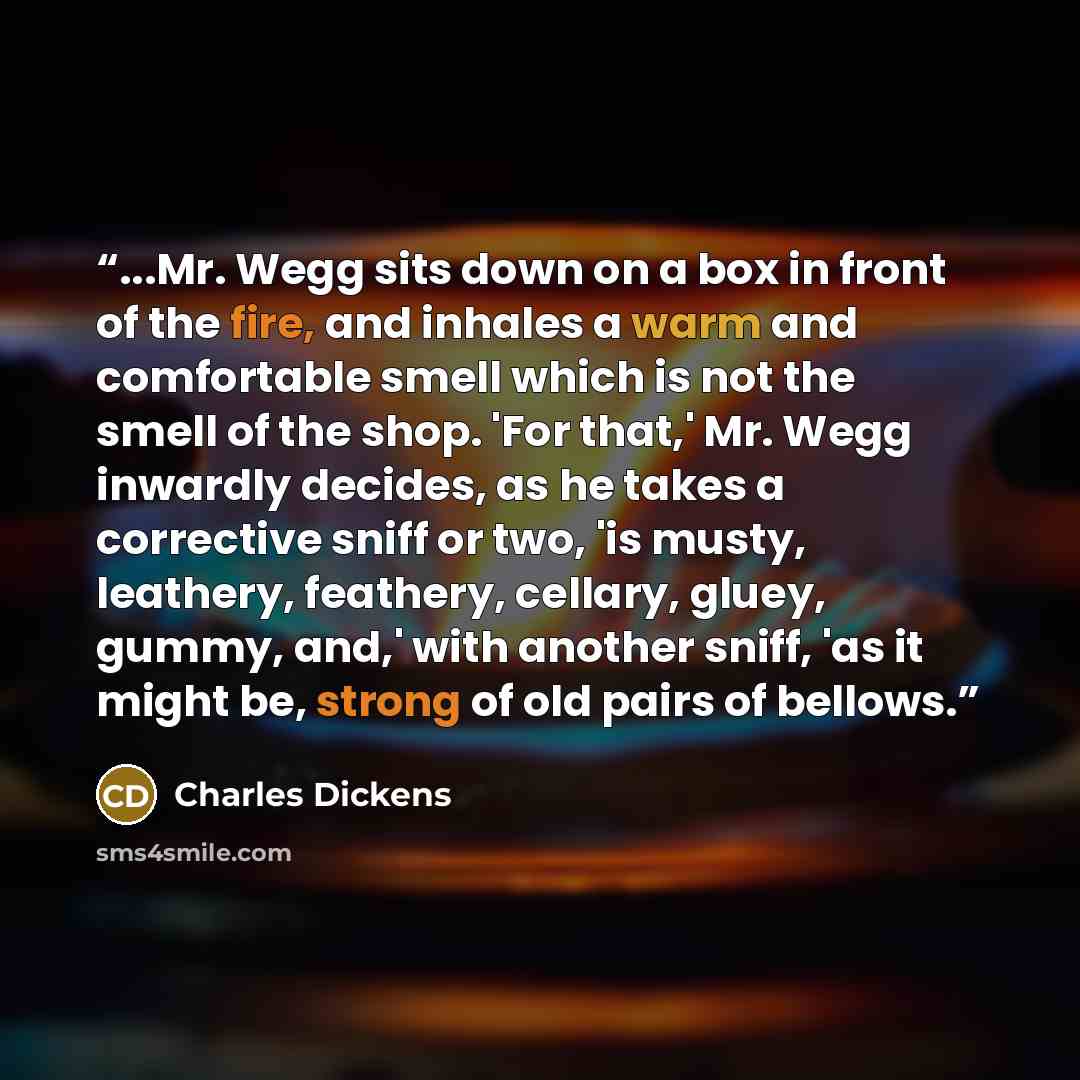 “...Mr. Wegg sits down on a box in front of the fire, and inhales a warm and comfortable smell which is not the smell of the shop. 'For that,' Mr. Wegg inwardly decides, as he takes a corrective sniff or two, 'is musty, leathery, feathery, cellary, gluey, gummy, and,' with another sniff, 'as it…” quote by Charles Dickens