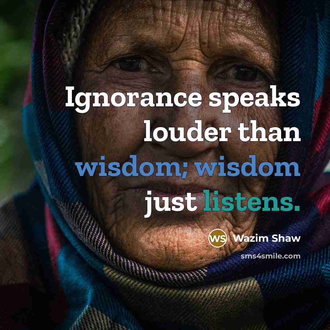 “Ignorance speaks louder than wisdom; wisdom just listens.” quote by Wazim Shaw