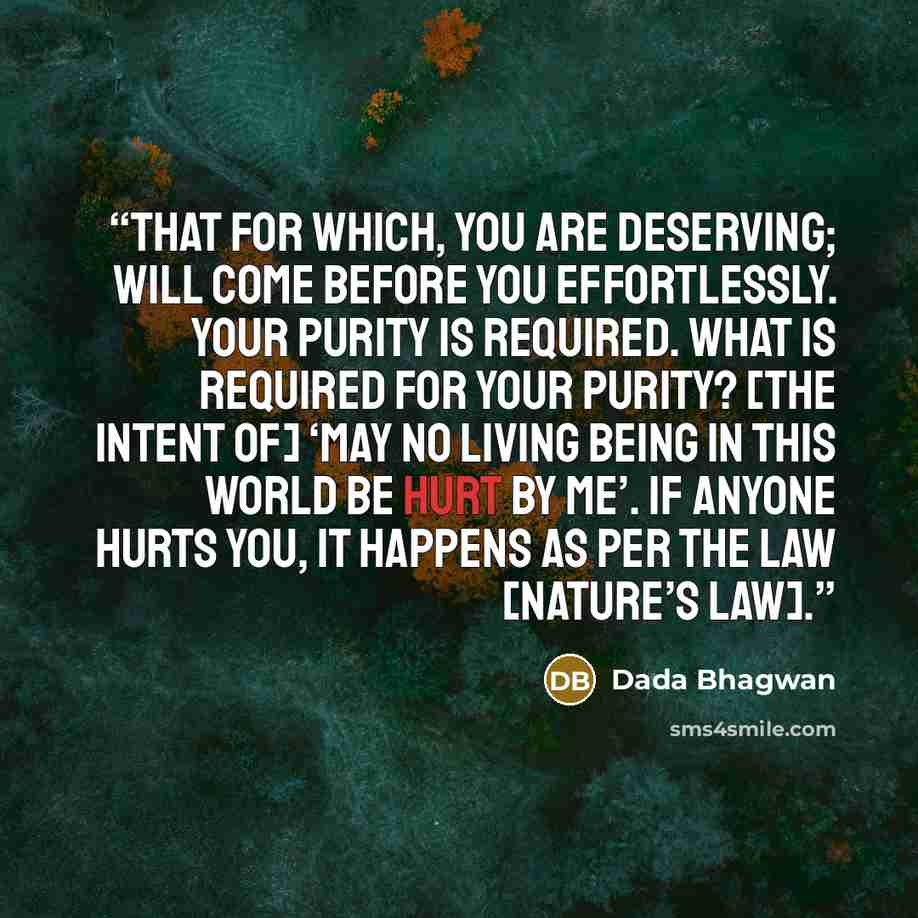 “That for which, you are deserving; will come before you effortlessly. Your purity is required. What is required for your purity? [The intent of] ‘May no living being in this world be hurt by me’. If anyone hurts you, it happens as per the law [nature’s law].” quote by Dada Bhagwan
