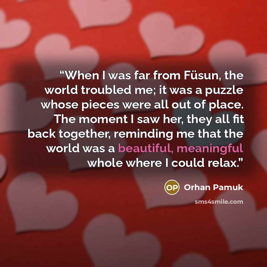 “When I was far from Füsun, the world troubled me; it was a puzzle whose pieces were all out of place. The moment I saw her, they all fit back together, reminding me that the world was a beautiful, meaningful whole where I could relax.” quote by Orhan Pamuk