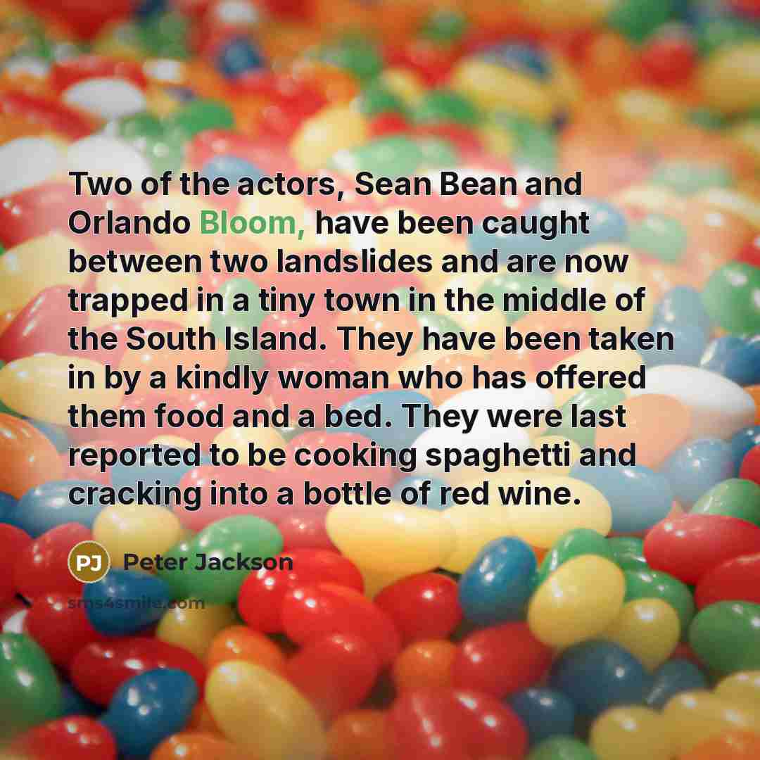 “Two of the actors, Sean Bean and Orlando Bloom, have been caught between two landslides and are now trapped in a tiny town in the middle of the South Island. They have been taken in by a kindly woman who has offered them food and a bed. They were last reported to be cooking spaghetti and cracking…” quote by Peter Jackson
