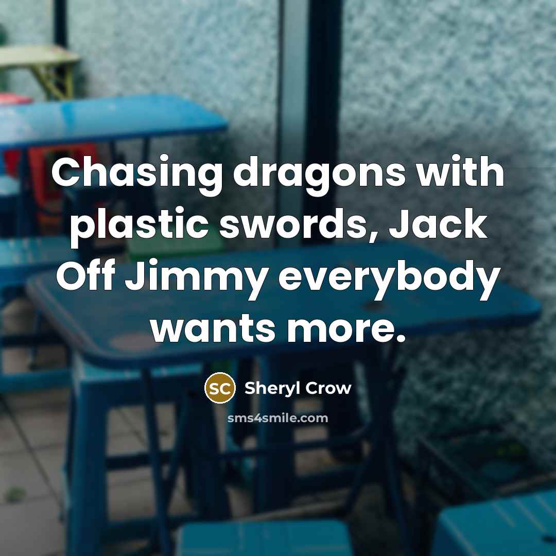 “Chasing dragons with plastic swords, Jack Off Jimmy everybody wants more.” quote by Sheryl Crow