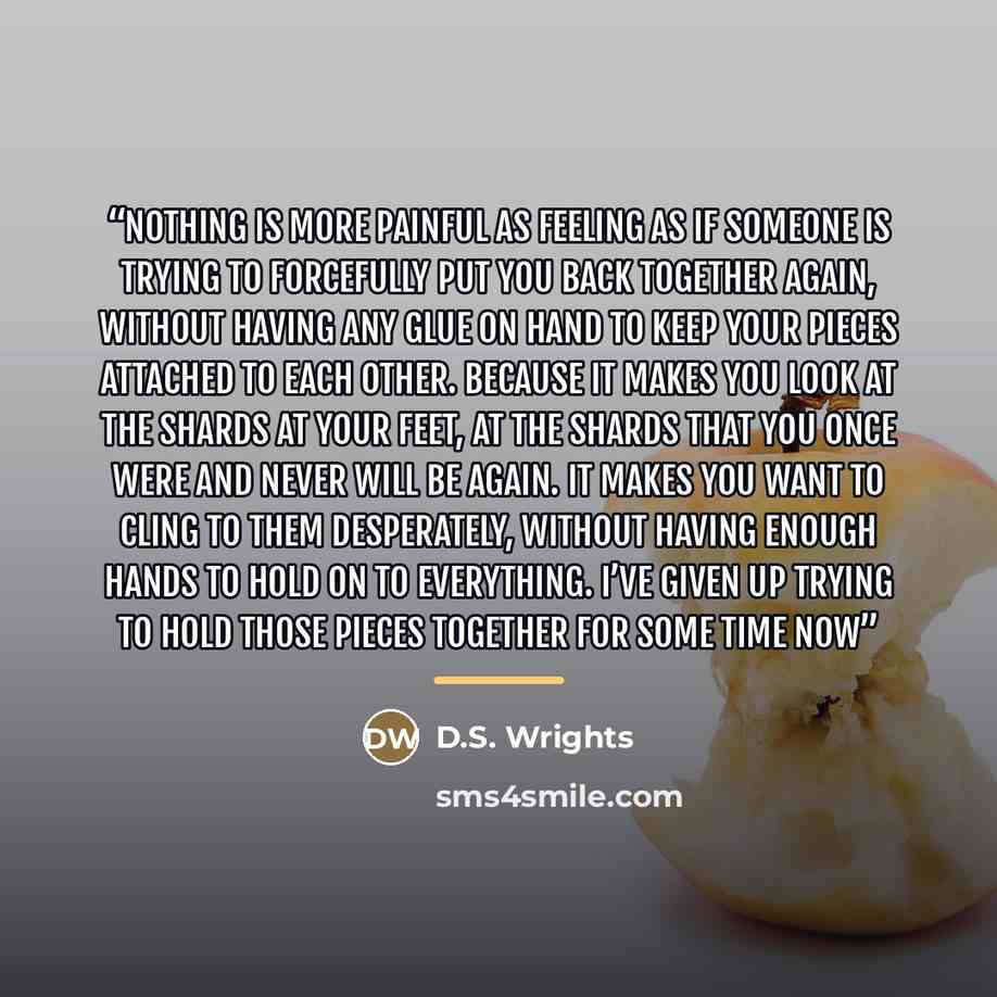 “Nothing is more painful as feeling as if someone is trying to forcefully put you back together again, without having any glue on hand to keep your pieces attached to each other. Because it makes you look at the shards at your feet, at the shards that you once were and never will be again. It makes…” quote by D.S. Wrights