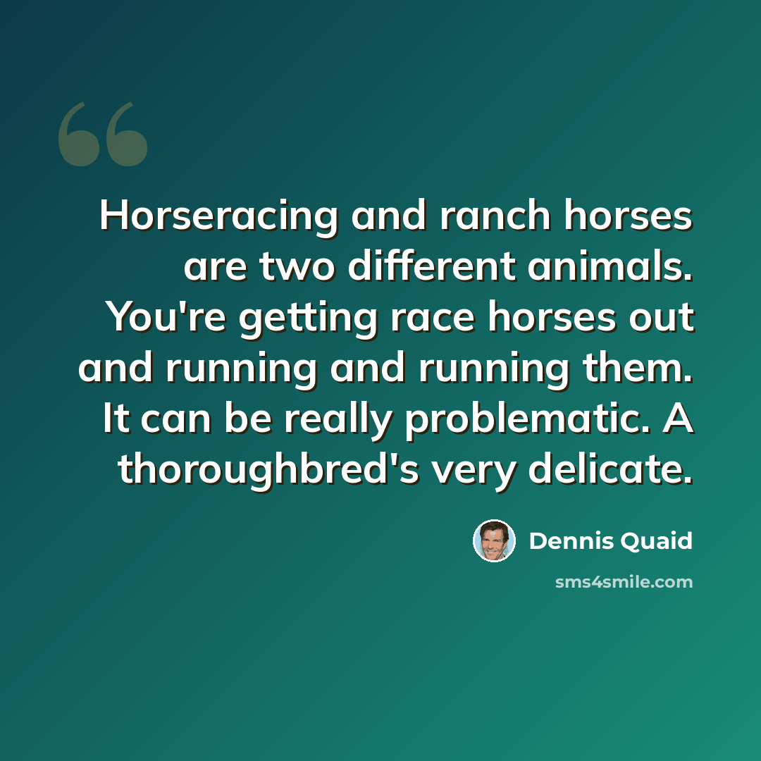 “Horseracing and ranch horses are two different animals. You're getting race horses out and running and running them. It can be really problematic. A thoroughbred's very delicate.” quote by Dennis Quaid