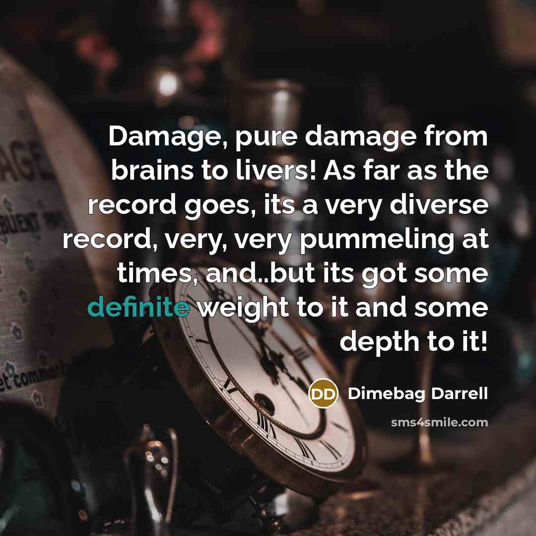 “Damage, pure damage from brains to livers! As far as the record goes, its a very diverse record, very, very pummeling at times, and..but its got some definite weight to it and some depth to it!” quote by Dimebag Darrell