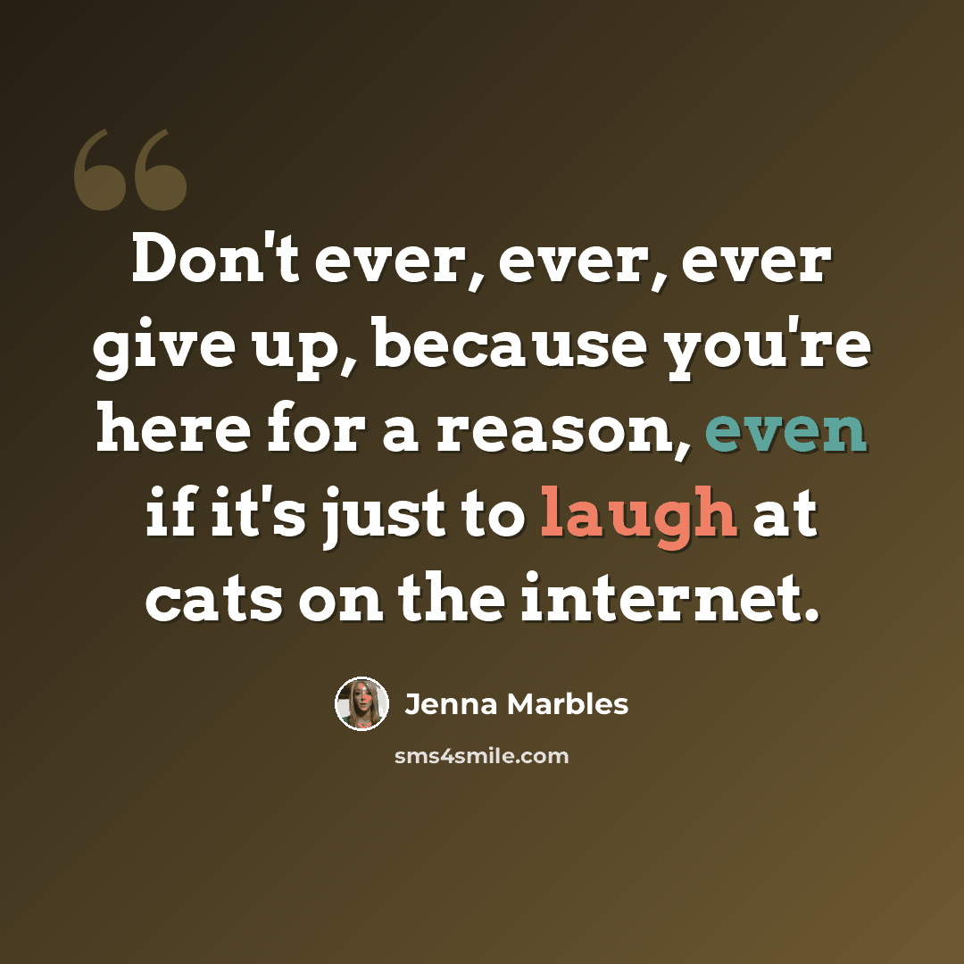 “Don't ever, ever, ever give up, because you're here for a reason, even if it's just to laugh at cats on the internet.” quote by Jenna Marbles