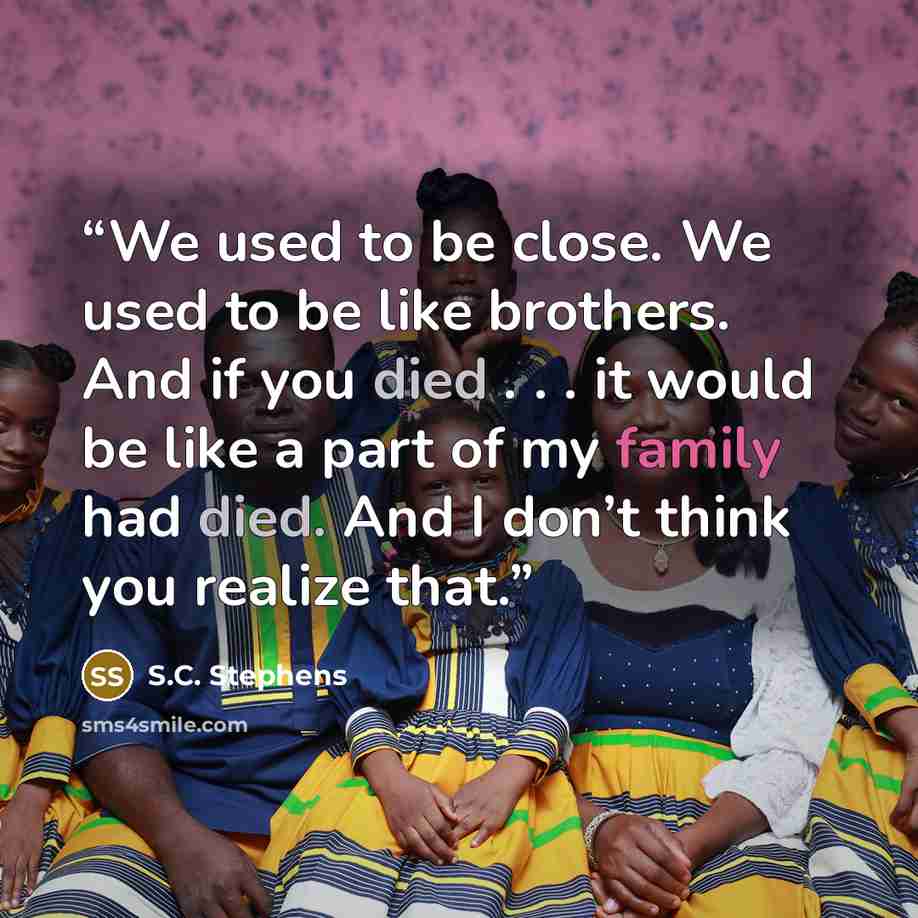 “We used to be close. We used to be like brothers. And if you died . . . it would be like a part of my family had died. And I don’t think you realize that.” quote by S.C. Stephens