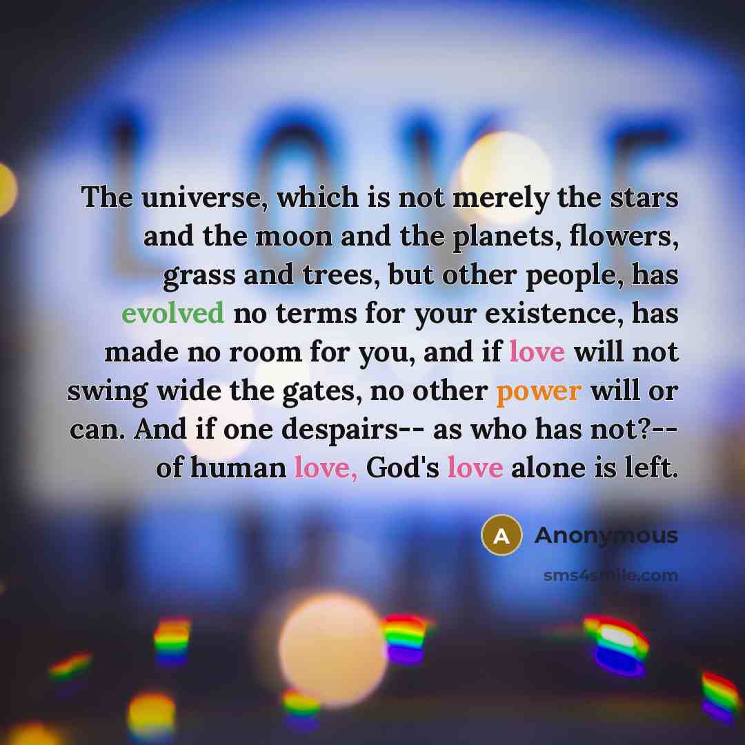 “The universe, which is not merely the stars and the moon and the planets, flowers, grass and trees, but other people, has evolved no terms for your existence, has made no room for you, and if love will not swing wide the gates, no other power will or can. And if one despairs-- as who has not?-- of…” quote by Anonymous