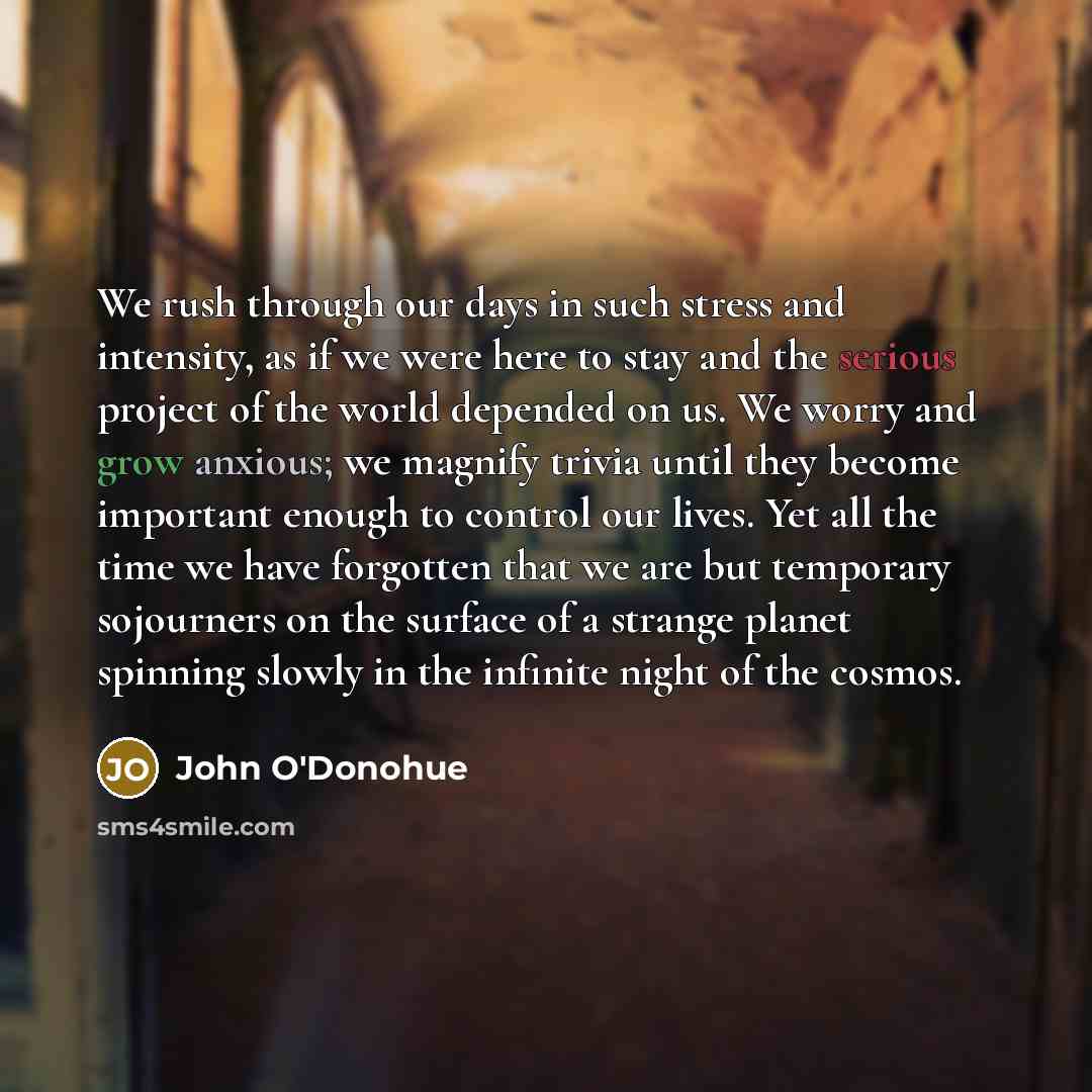 “We rush through our days in such stress and intensity, as if we were here to stay and the serious project of the world depended on us. We worry and grow anxious; we magnify trivia until they become important enough to control our lives. Yet all the time we have forgotten that we are but temporary…” quote by John O'Donohue
