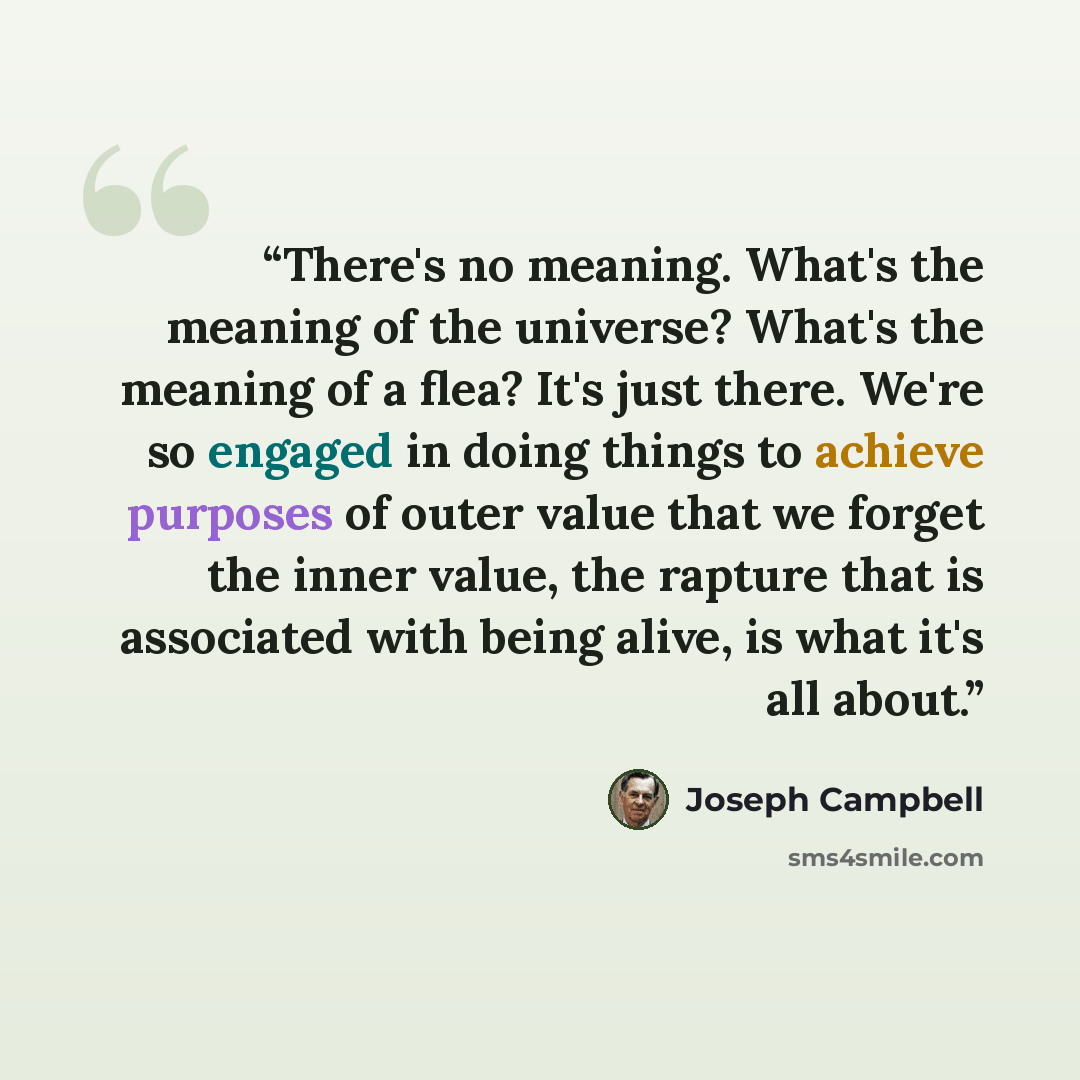 “There's no meaning. What's the meaning of the universe? What's the meaning of a flea? It's just there. We're so engaged in doing things to achieve purposes of outer value that we forget the inner value, the rapture that is associated with being alive, is what it's all about.” quote by Joseph Campbell