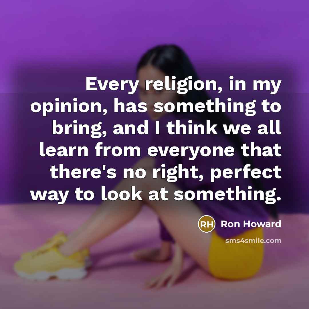 “Every religion, in my opinion, has something to bring, and I think we all learn from everyone that there's no right, perfect way to look at something.” quote by Ron Howard