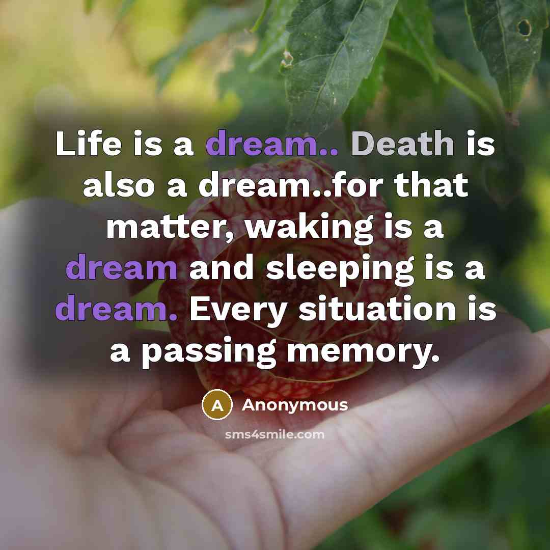 “Life is a dream.. Death is also a dream..for that matter, waking is a dream and sleeping is a dream. Every situation is a passing memory.” quote by Anonymous