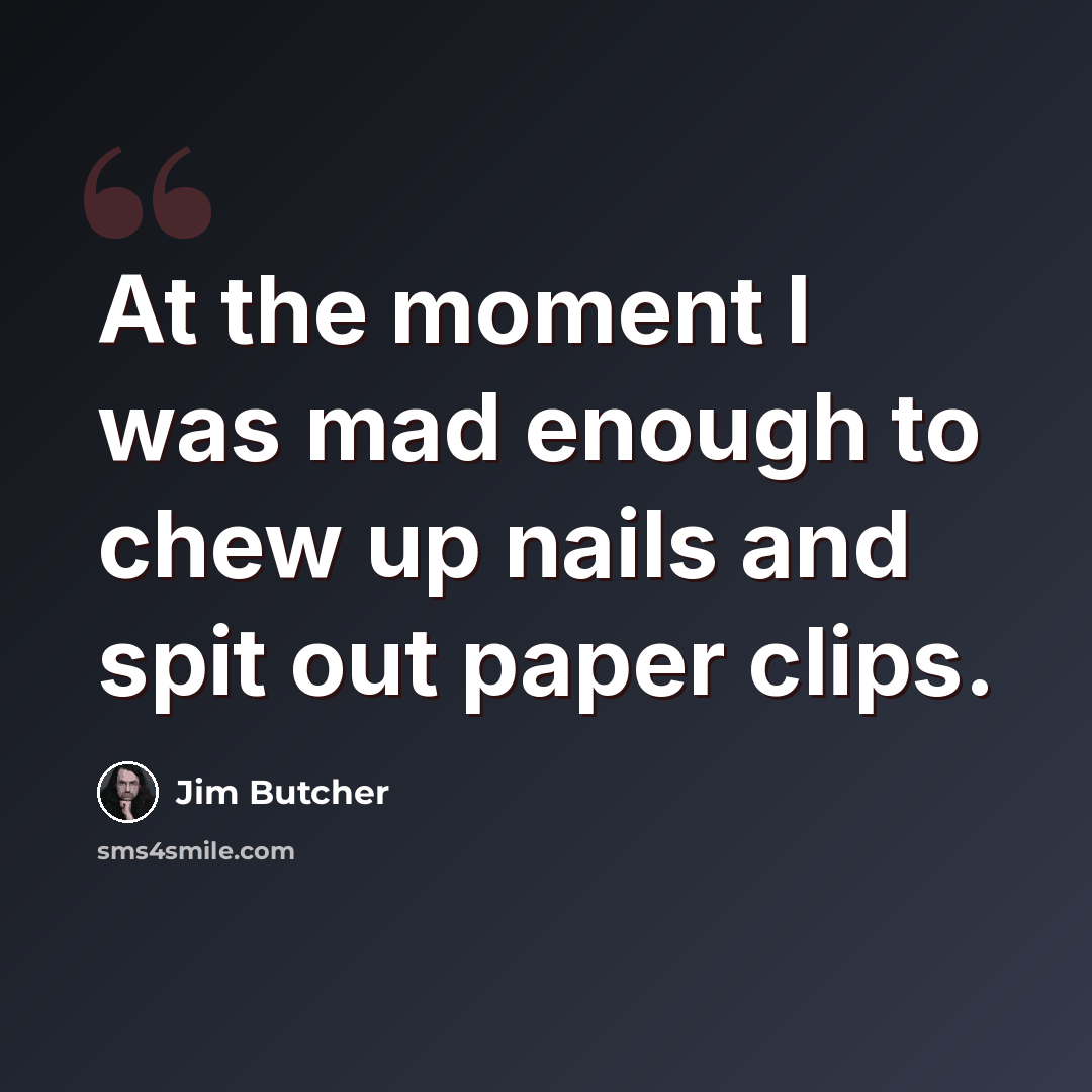 “At the moment I was mad enough to chew up nails and spit out paper clips.” quote by Jim Butcher
