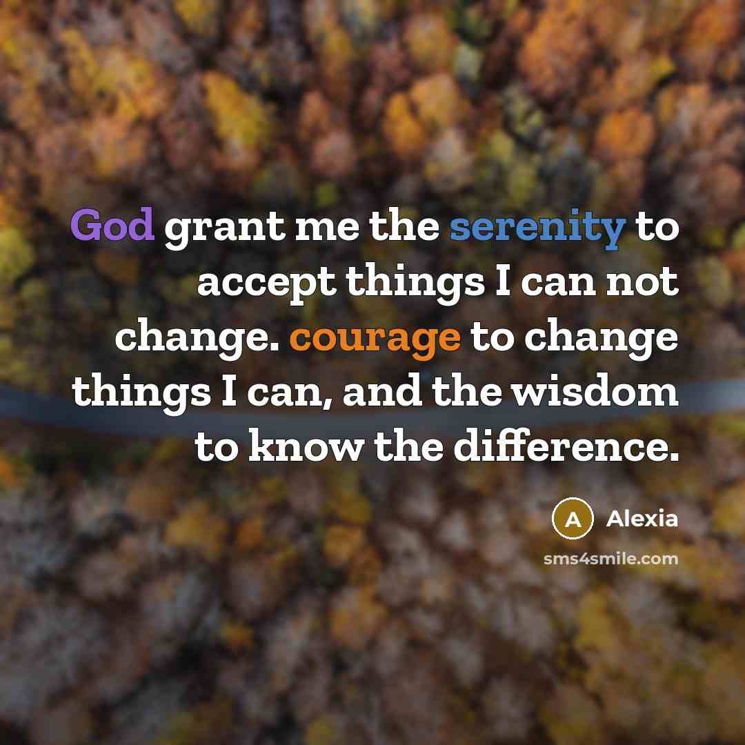 “God grant me the serenity to accept things I can not change. courage to change things I can, and the wisdom to know the difference.” quote by Alexia