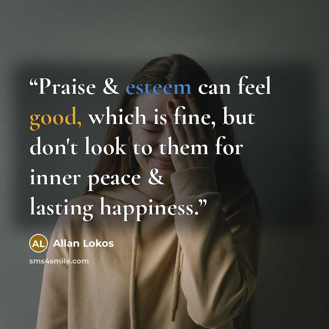 “Praise & esteem can feel good, which is fine, but don't look to them for inner peace & lasting happiness.” quote by Allan Lokos