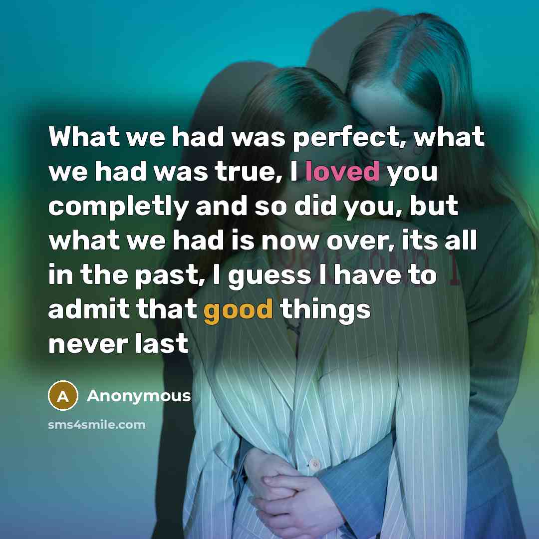 “What we had was perfect, what we had was true, I loved you completly and so did you, but what we had is now over, its all in the past, I guess I have to admit that good things never last” quote by Anonymous
