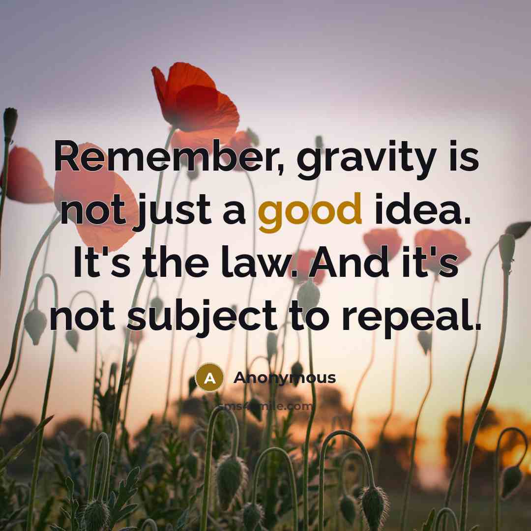 “Remember, gravity is not just a good idea. It's the law. And it's not subject to repeal.” quote by Anonymous