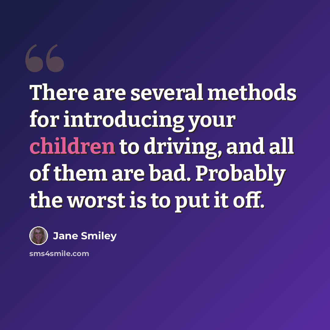 “There are several methods for introducing your children to driving, and all of them are bad. Probably the worst is to put it off.” quote by Jane Smiley