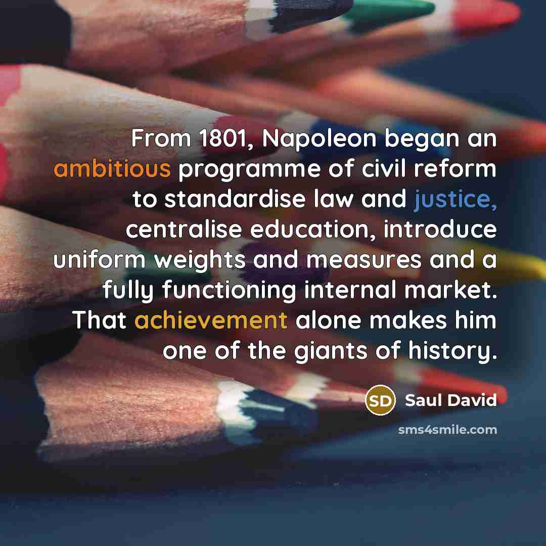 “From 1801, Napoleon began an ambitious programme of civil reform to standardise law and justice, centralise education, introduce uniform weights and measures and a fully functioning internal market. That achievement alone makes him one of the giants of history.” quote by Saul David