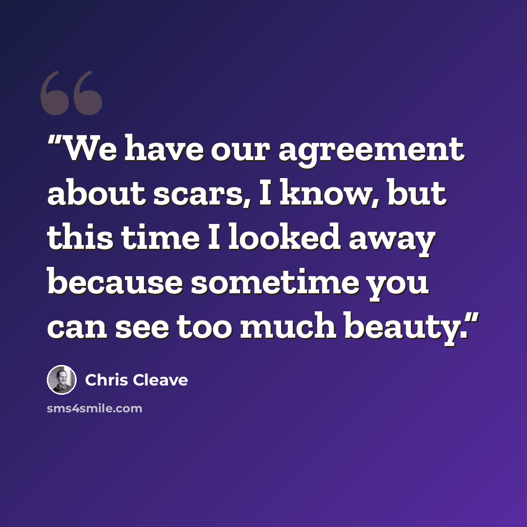 “We have our agreement about scars, I know, but this time I looked away because sometime you can see too much beauty.” quote by Chris Cleave