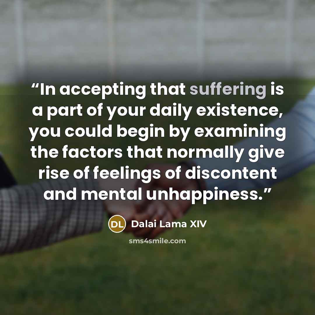 “In accepting that suffering is a part of your daily existence, you could begin by examining the factors that normally give rise of feelings of discontent and mental unhappiness.” quote by Dalai Lama XIV