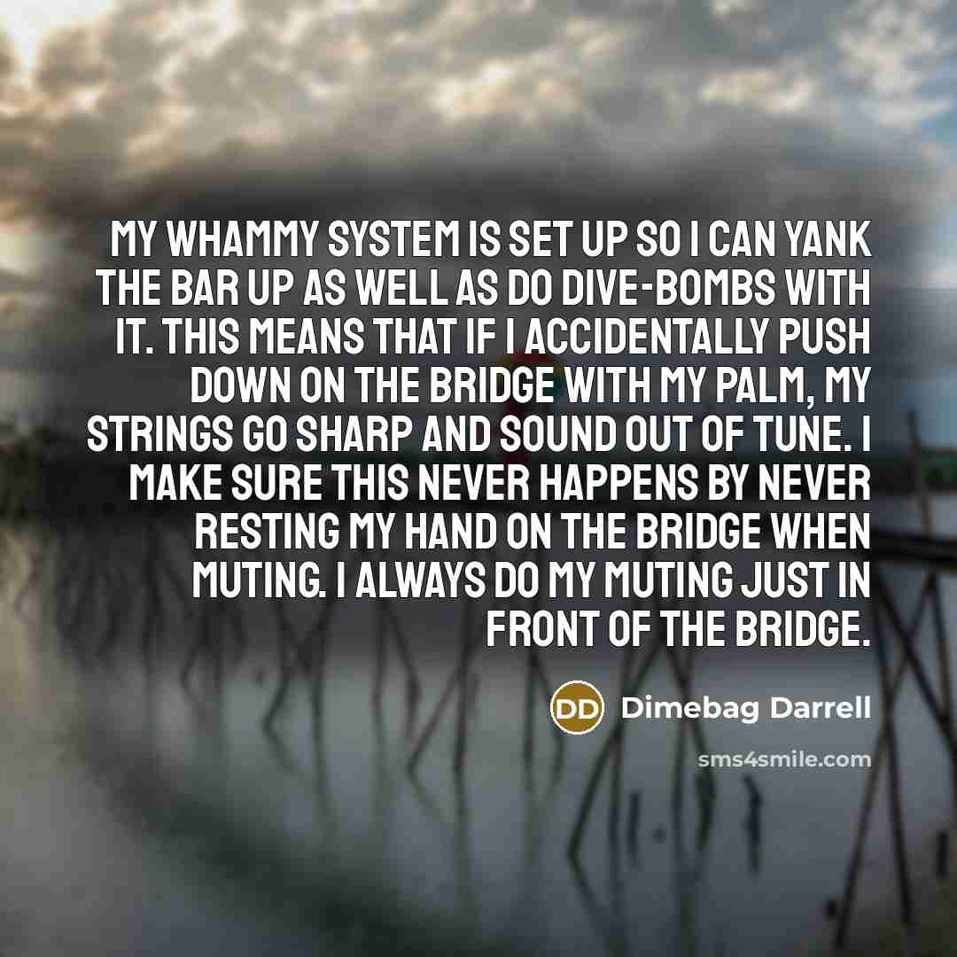 “My whammy system is set up so I can yank the bar up as well as do dive-bombs with it. This means that if I accidentally push down on the bridge with my palm, my strings go sharp and sound out of tune. I make sure this never happens by never resting my hand on the bridge when muting. I always do my…” quote by Dimebag Darrell